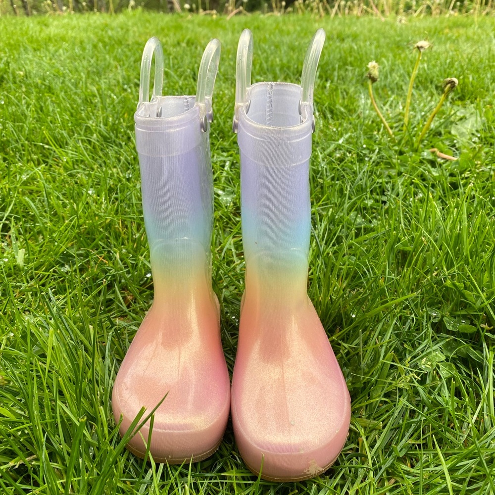 Sparkly, rainbow colored waterboots